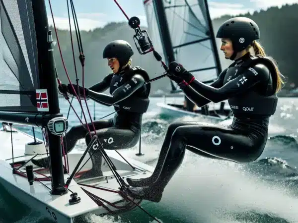 49er crew trains with coach boat on a windy norwegian fjord at sunset