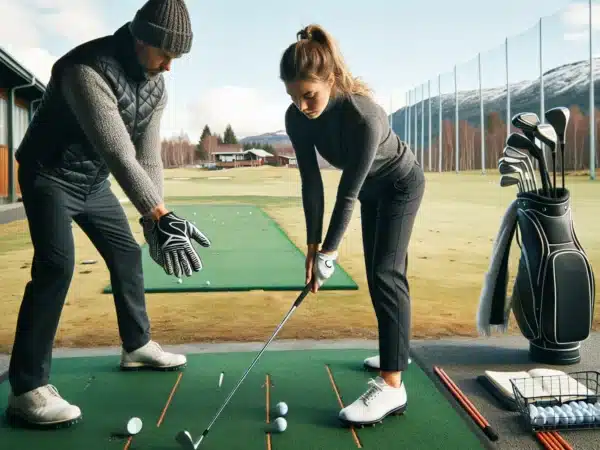 Beginner golfer in norway practicing grip and alignment with coach on range