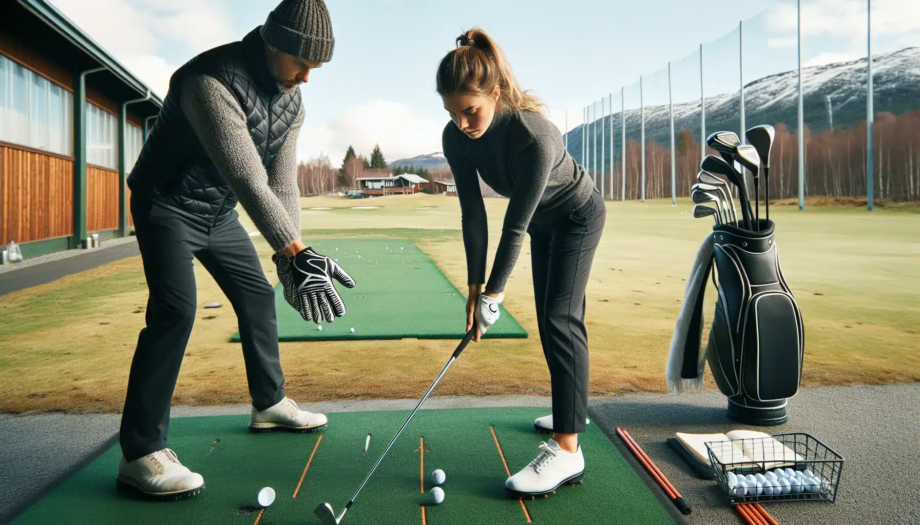 Beginner golfer in norway practicing grip and alignment with coach on range