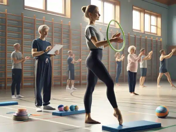 Beginners practice rhythmic gymnastics in a norwegian sports hall with a coach