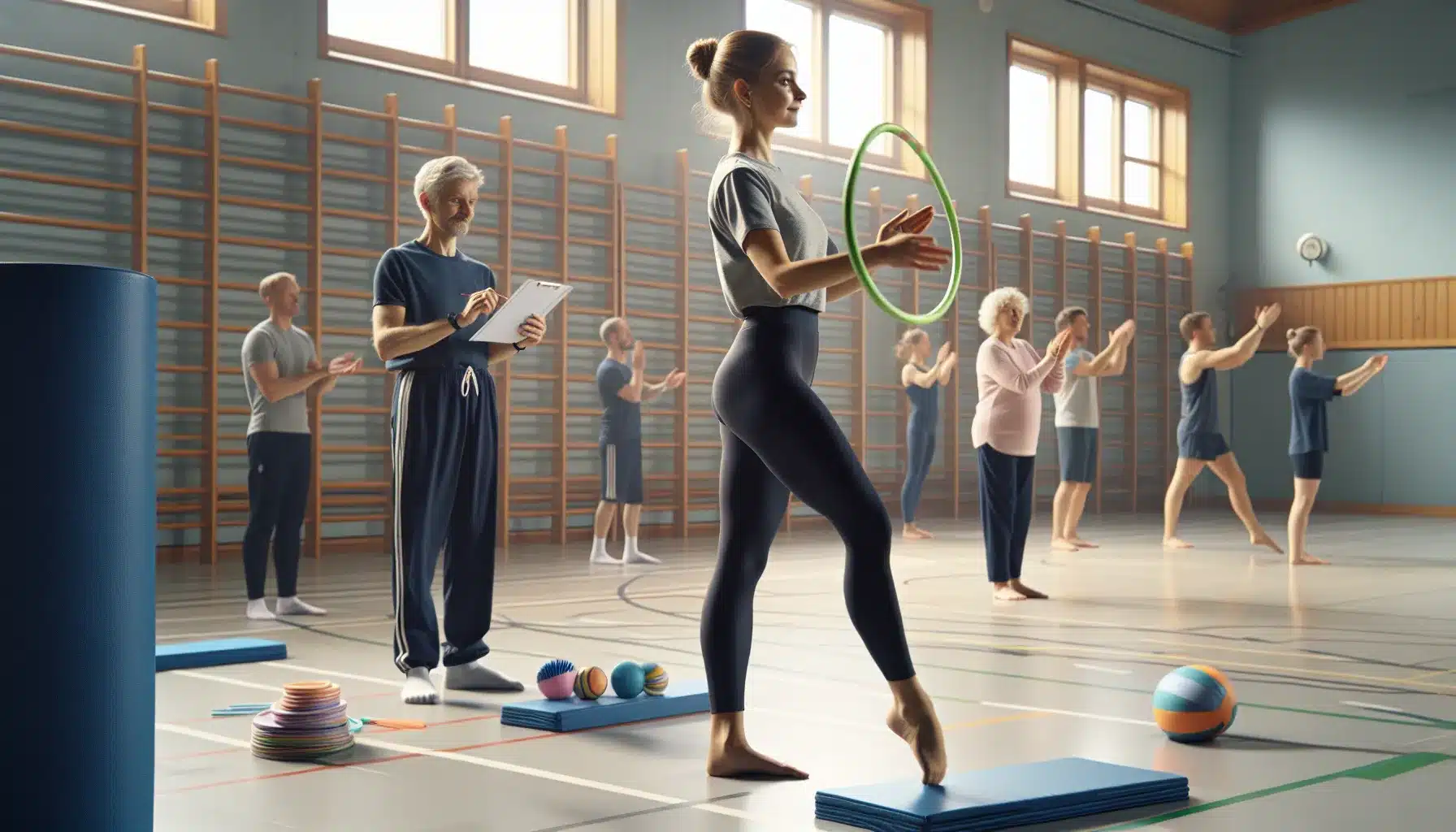 Beginners practice rhythmic gymnastics in a norwegian sports hall with a coach