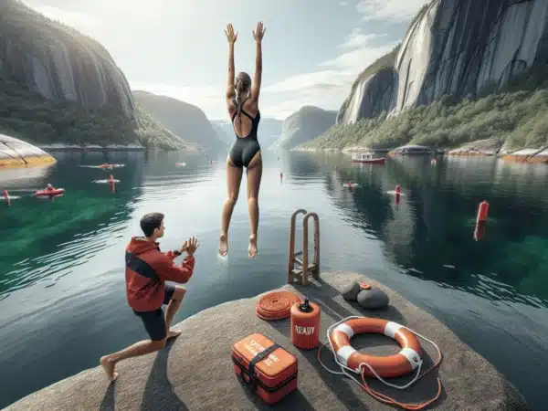 Diver practices safe technique with spotter and lifebuoy by norwegian fjord