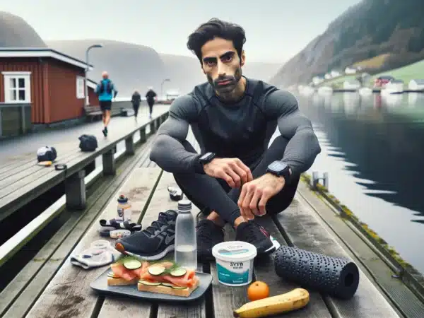 Norwegian athlete refuels after training with salmon sandwich skyr and water