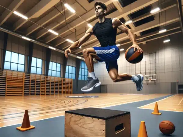 Norwegian basketball player jumps explosively after a depth jump on indoor court