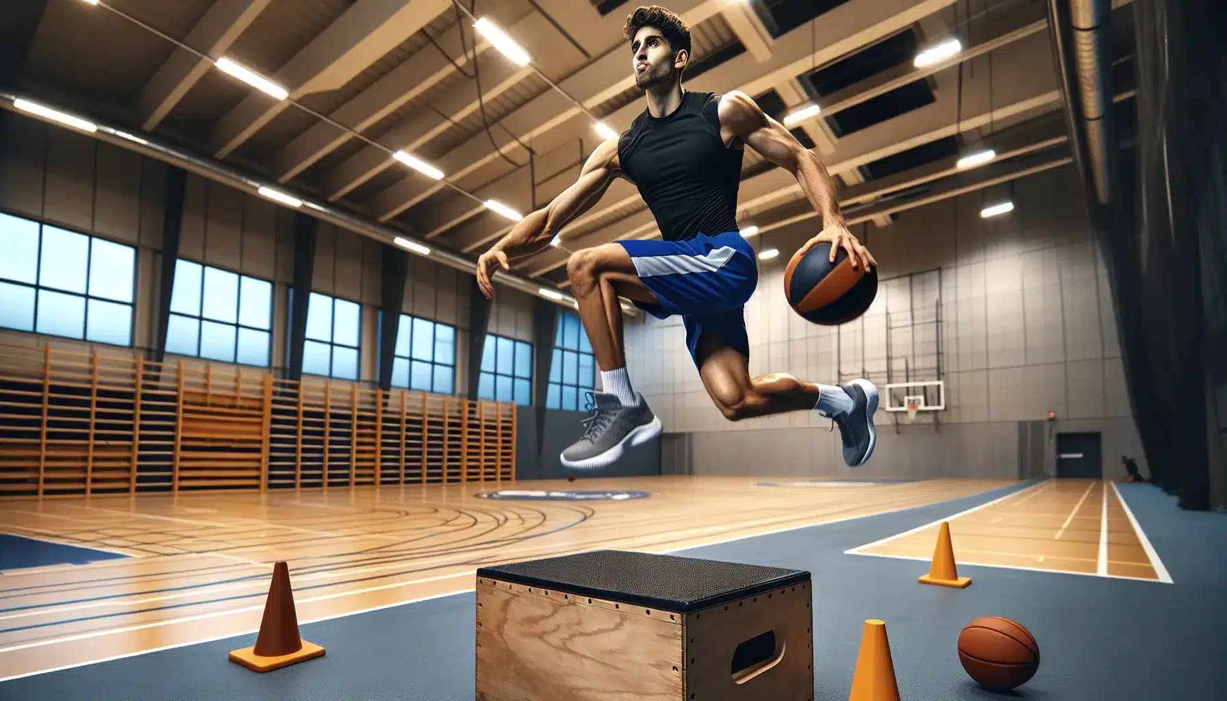 Norwegian basketball player jumps explosively after a depth jump on indoor court