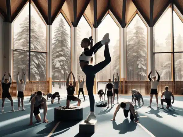Norwegian cheerleaders practicing structured warm up drills in a bright indoor gym