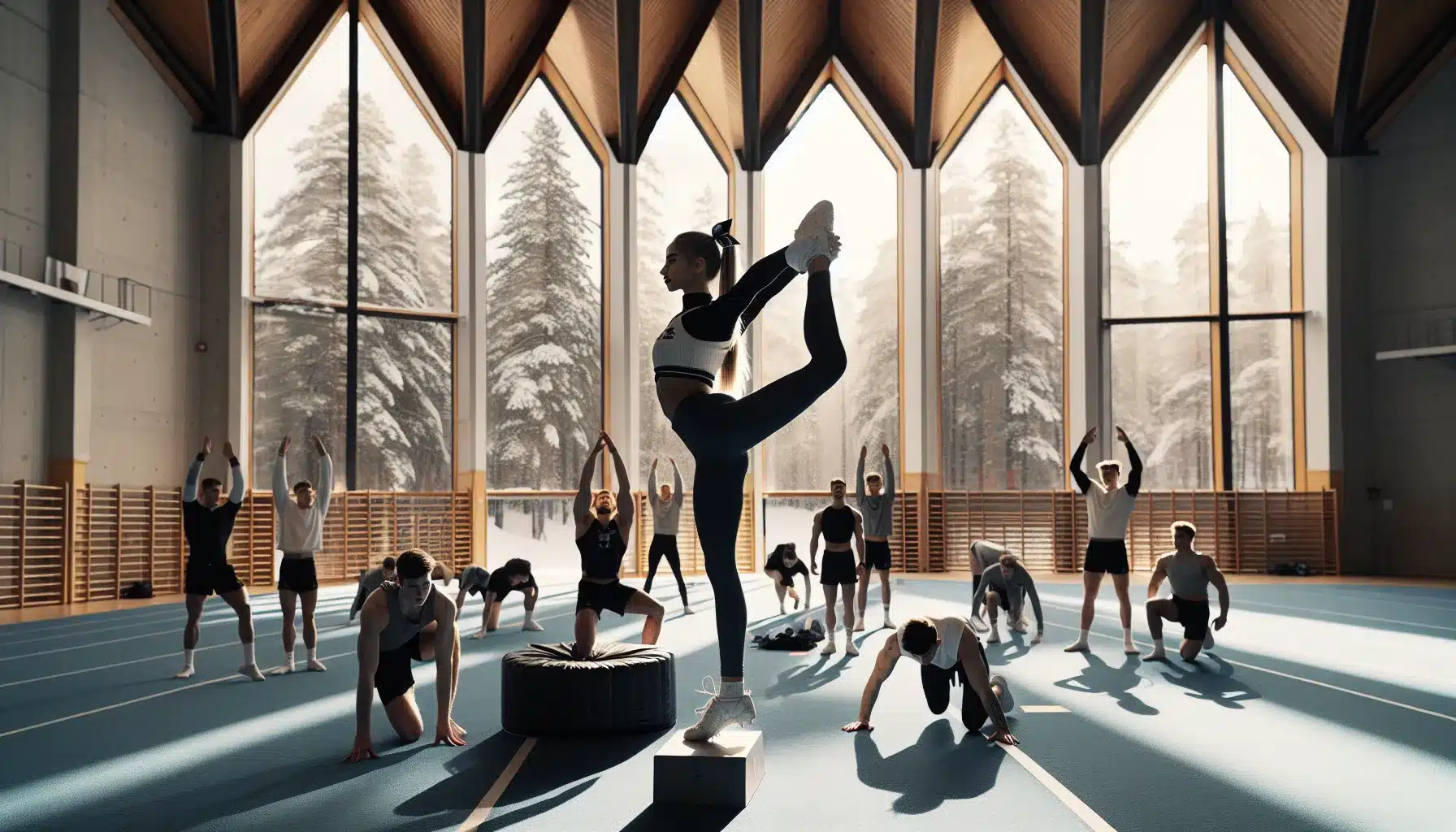Norwegian cheerleaders practicing structured warm up drills in a bright indoor gym