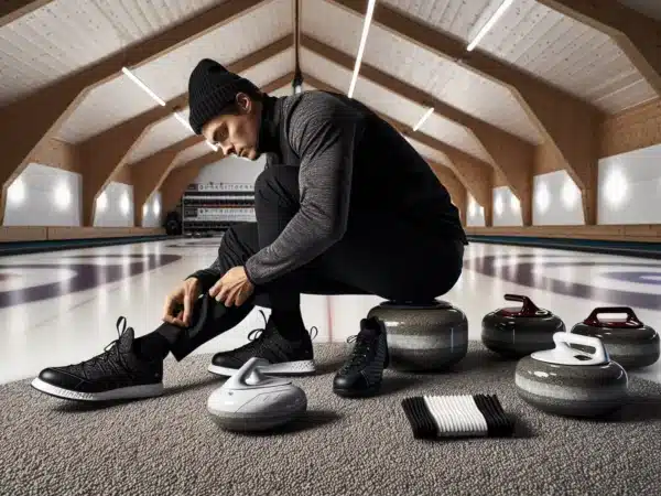 Norwegian curler choosing shoes and broom on ice with gear laid out