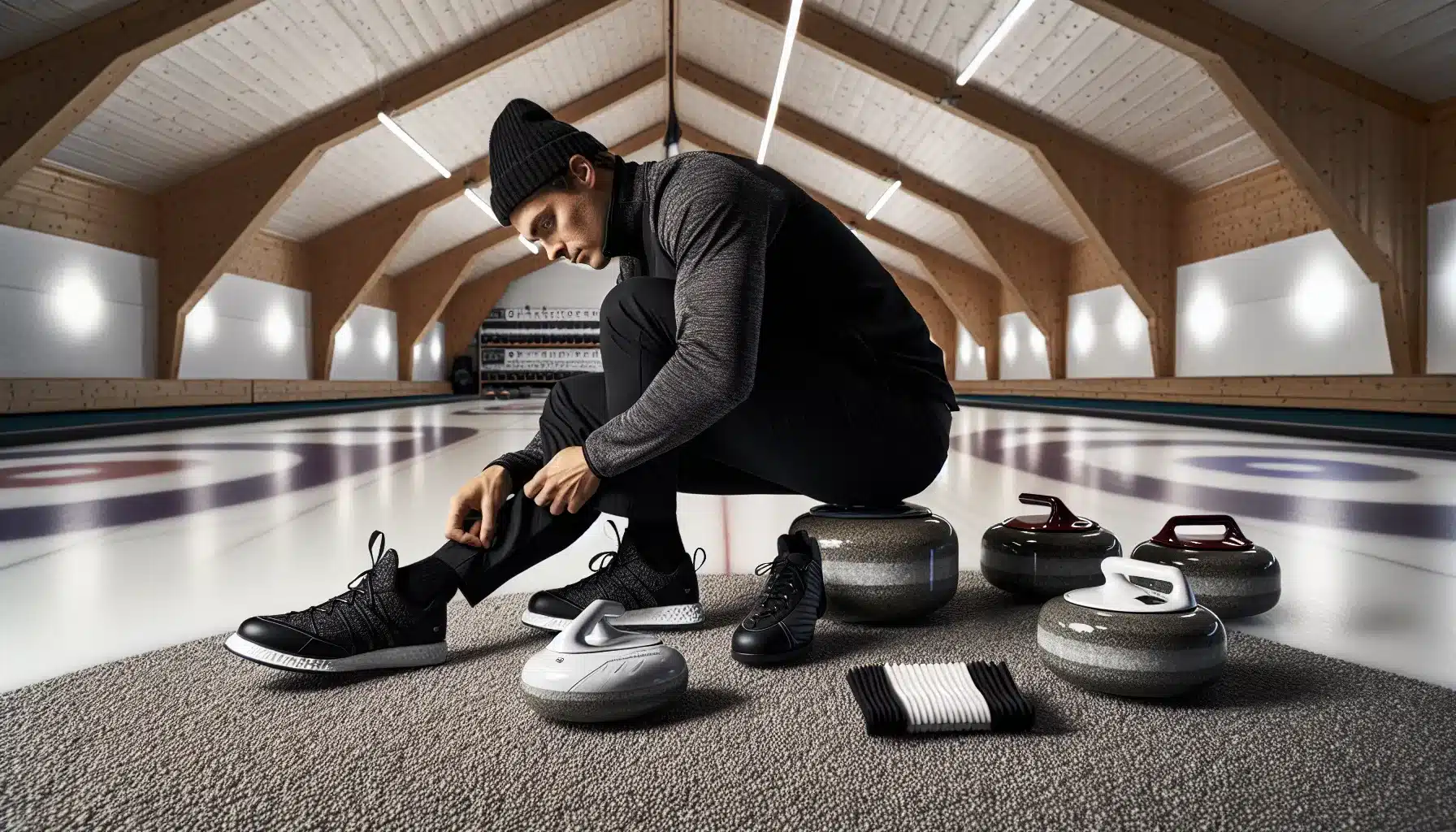 Norwegian curler choosing shoes and broom on ice with gear laid out