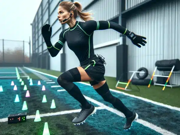 Norwegian football referee sprinting through cones on a cold evening pitch