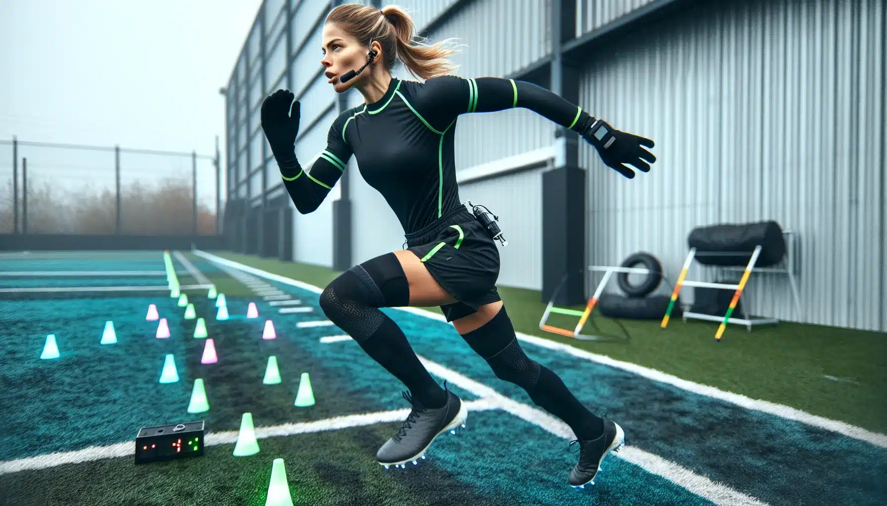 Norwegian football referee sprinting through cones on a cold evening pitch