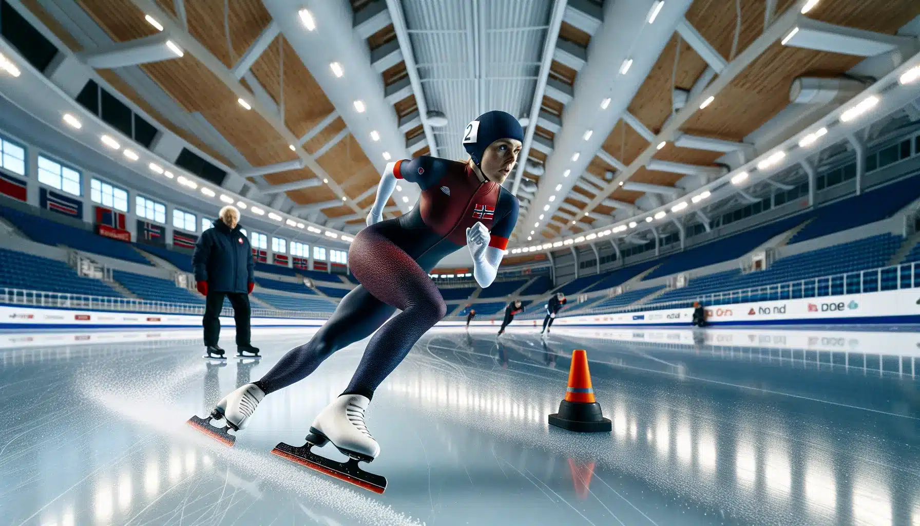 Norwegian short track skater mastering a deep corner with hand on ice