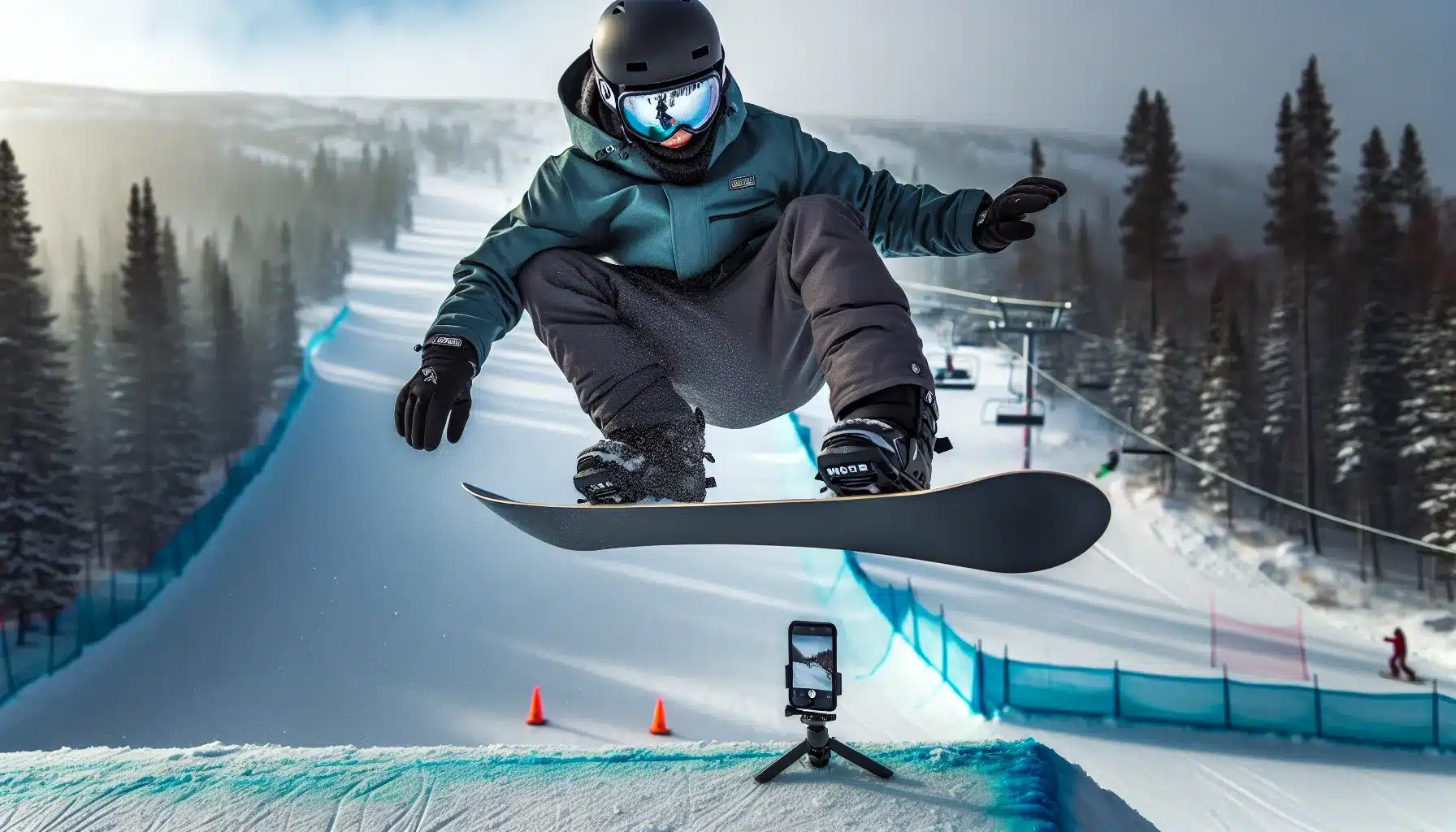 Snowboarder practicing a frontside 360 over a marked jump in norway