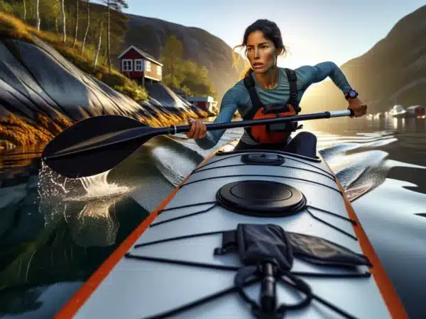 Woman training by paddling a sea kayak on a calm norwegian fjord