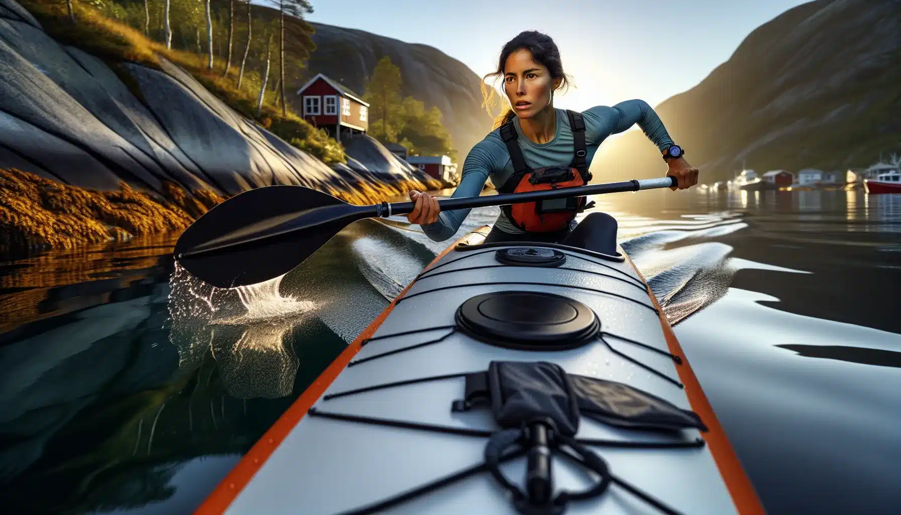 Woman training by paddling a sea kayak on a calm norwegian fjord