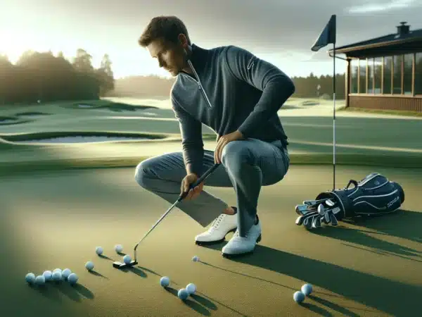 Amateur golfer in norway trener putting og kortspill malrettet pa greenen i kveldssol