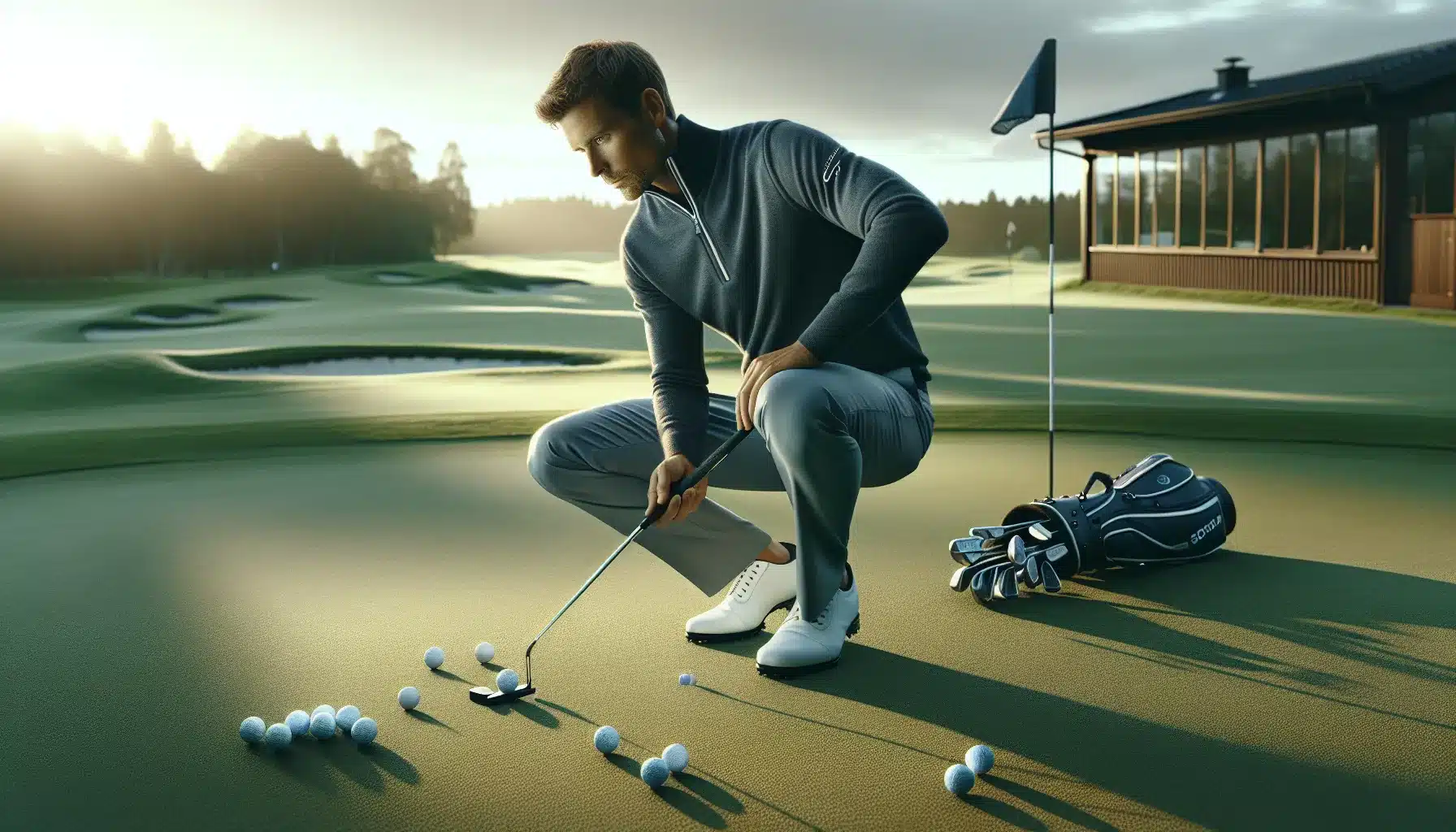 Amateur golfer in norway trener putting og kortspill malrettet pa greenen i kveldssol