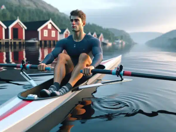 Beginner rower in a single scull practicing technique on a calm norwegian fjord
