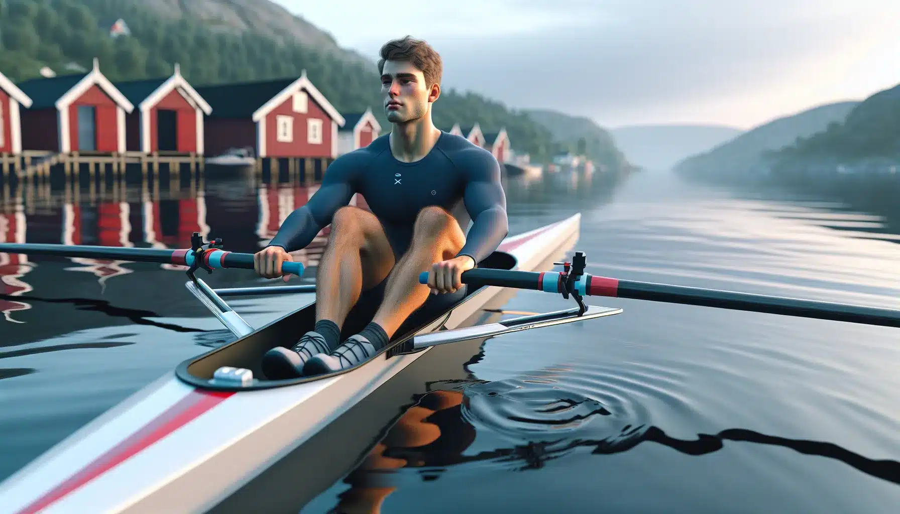 Beginner rower in a single scull practicing technique on a calm norwegian fjord