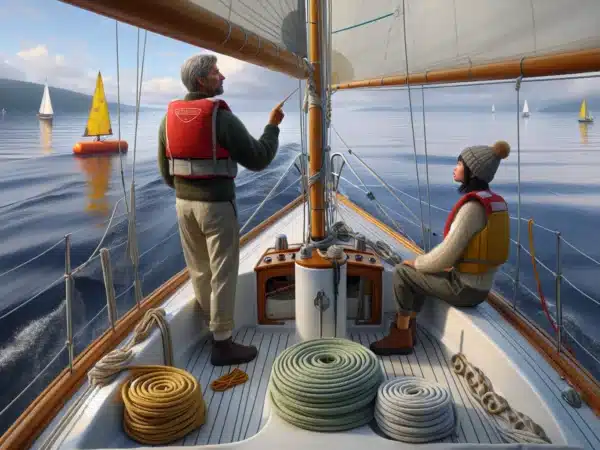 Instructor teaching a beginner basic sailing techniques on a calm norwegian fjord