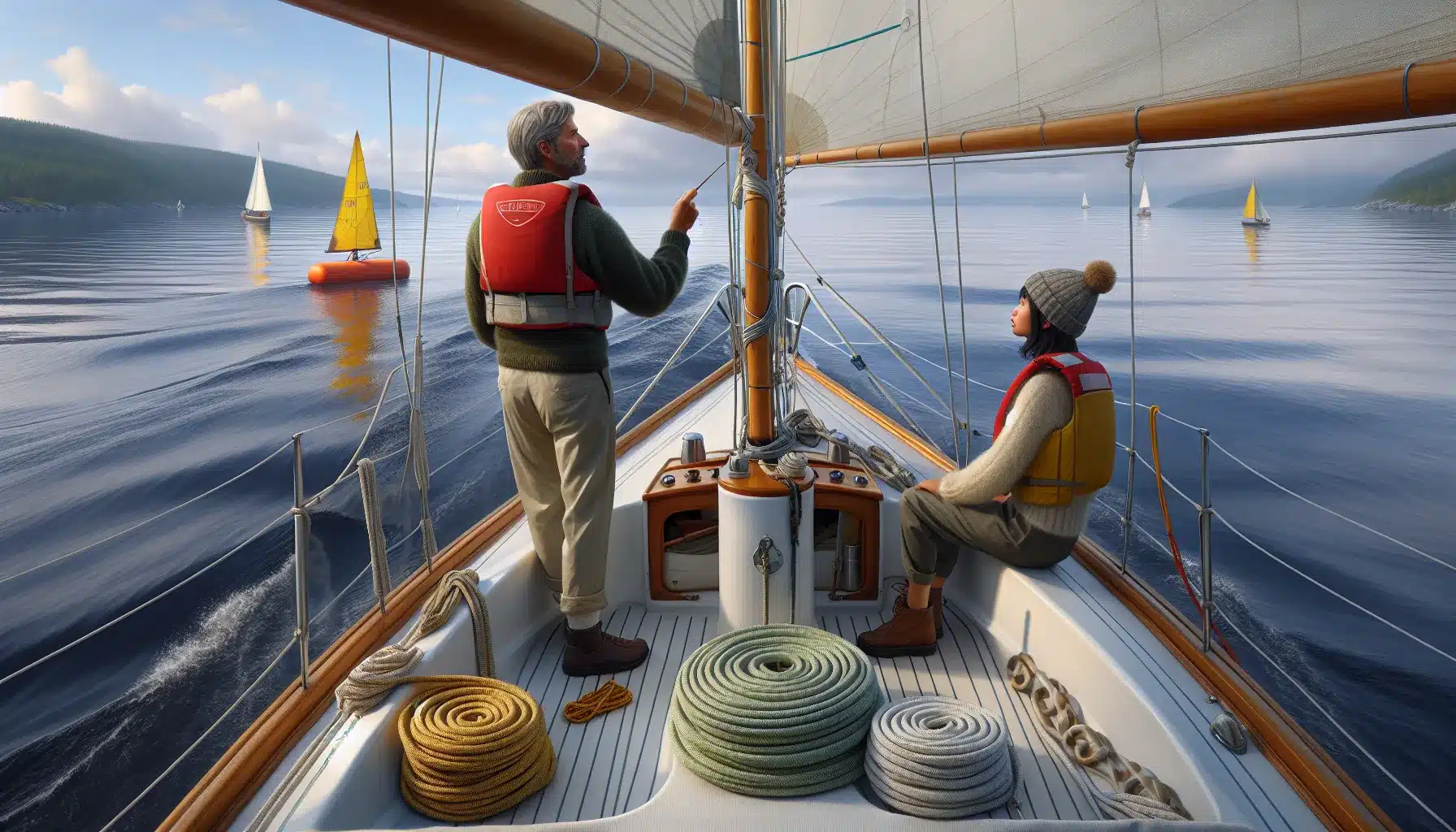 Instructor teaching a beginner basic sailing techniques on a calm norwegian fjord