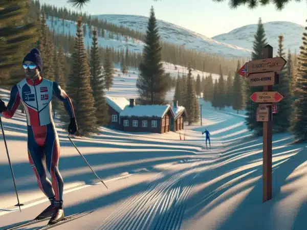 Norwegian cross country skier training endurance on a long forest ski trail at dusk