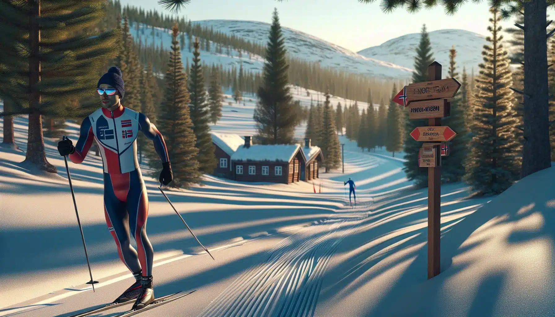 Norwegian cross country skier training endurance on a long forest ski trail at dusk