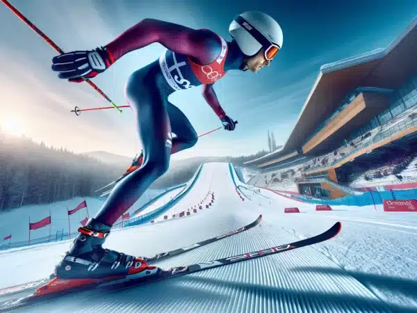 Norwegian nordic combined athlete ski jumping and skating on a snowy winter stadium