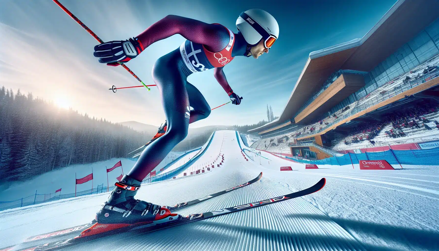 Norwegian nordic combined athlete ski jumping and skating on a snowy winter stadium