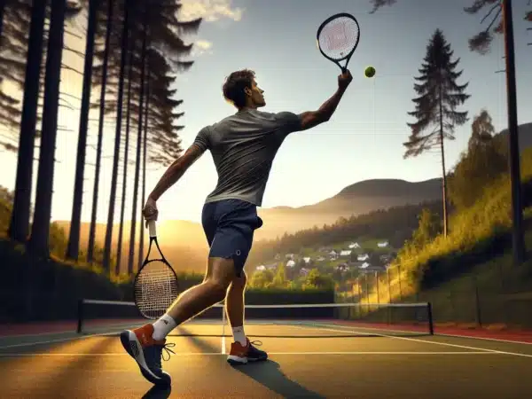 Norwegian tennis player practicing a precise serve with clear target zones on court