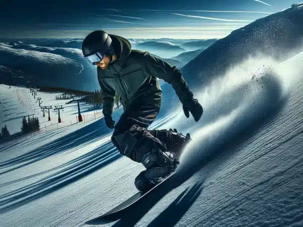 Snowboarder training controlled turns on a norwegian red slope under winter sun