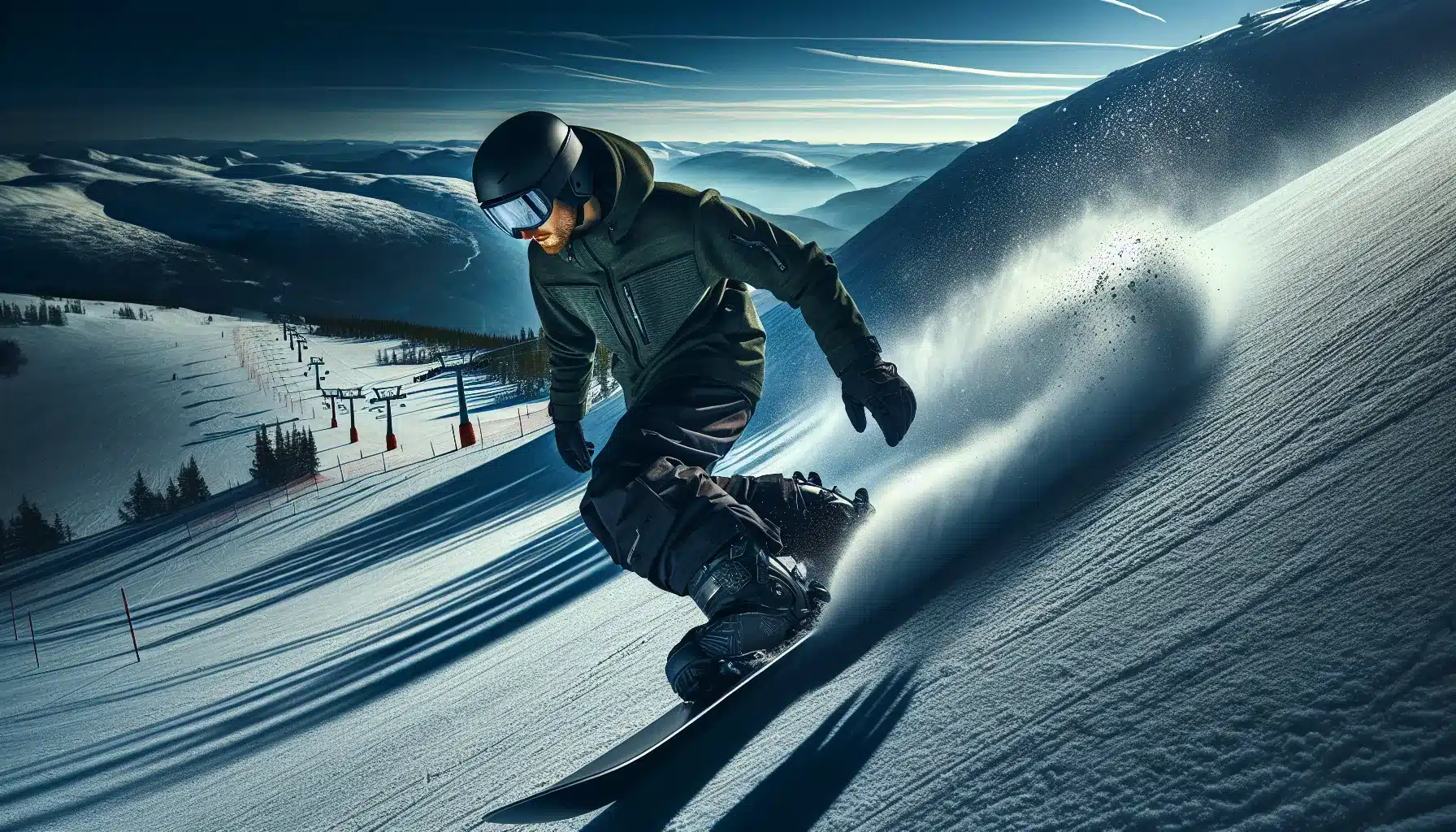 Snowboarder training controlled turns on a norwegian red slope under winter sun