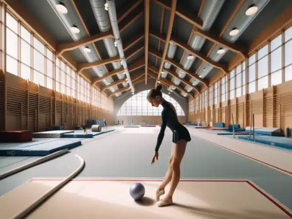 Young rhythmic gymnast in norwegian sports hall practicing basic ball technique with coach
