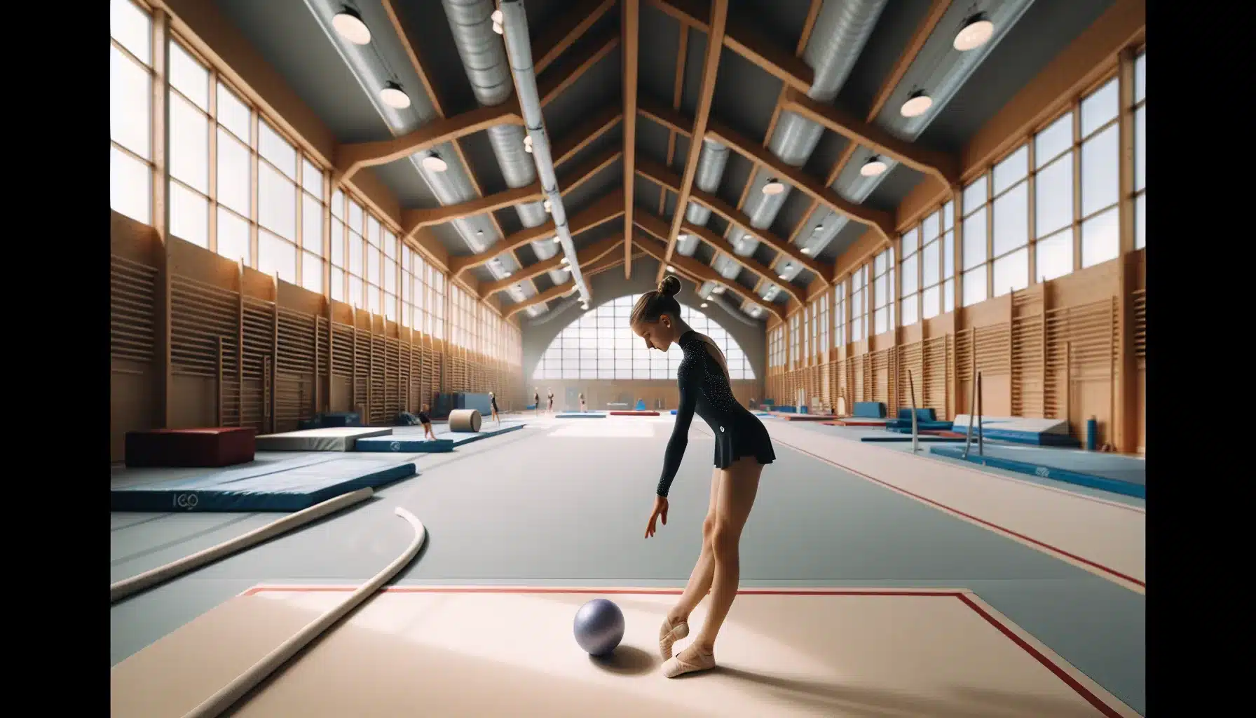 Young rhythmic gymnast in norwegian sports hall practicing basic ball technique with coach